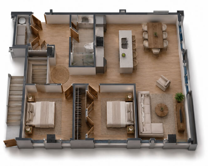 Plan du dessus d'un condo avec deux chambres, une cuisine, salon et salle de bain
